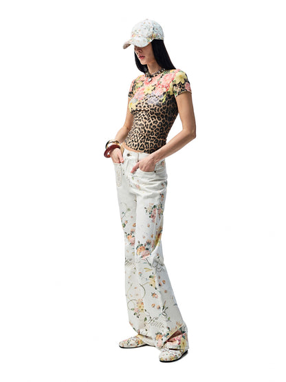 Floral Print Rhinestones Regular-shoulder T-shirt