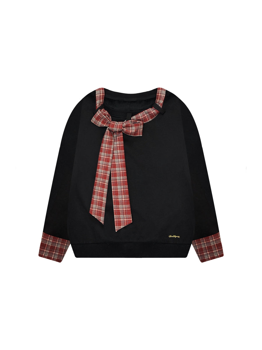 Plaid Patchwork Bow Sweatshirt