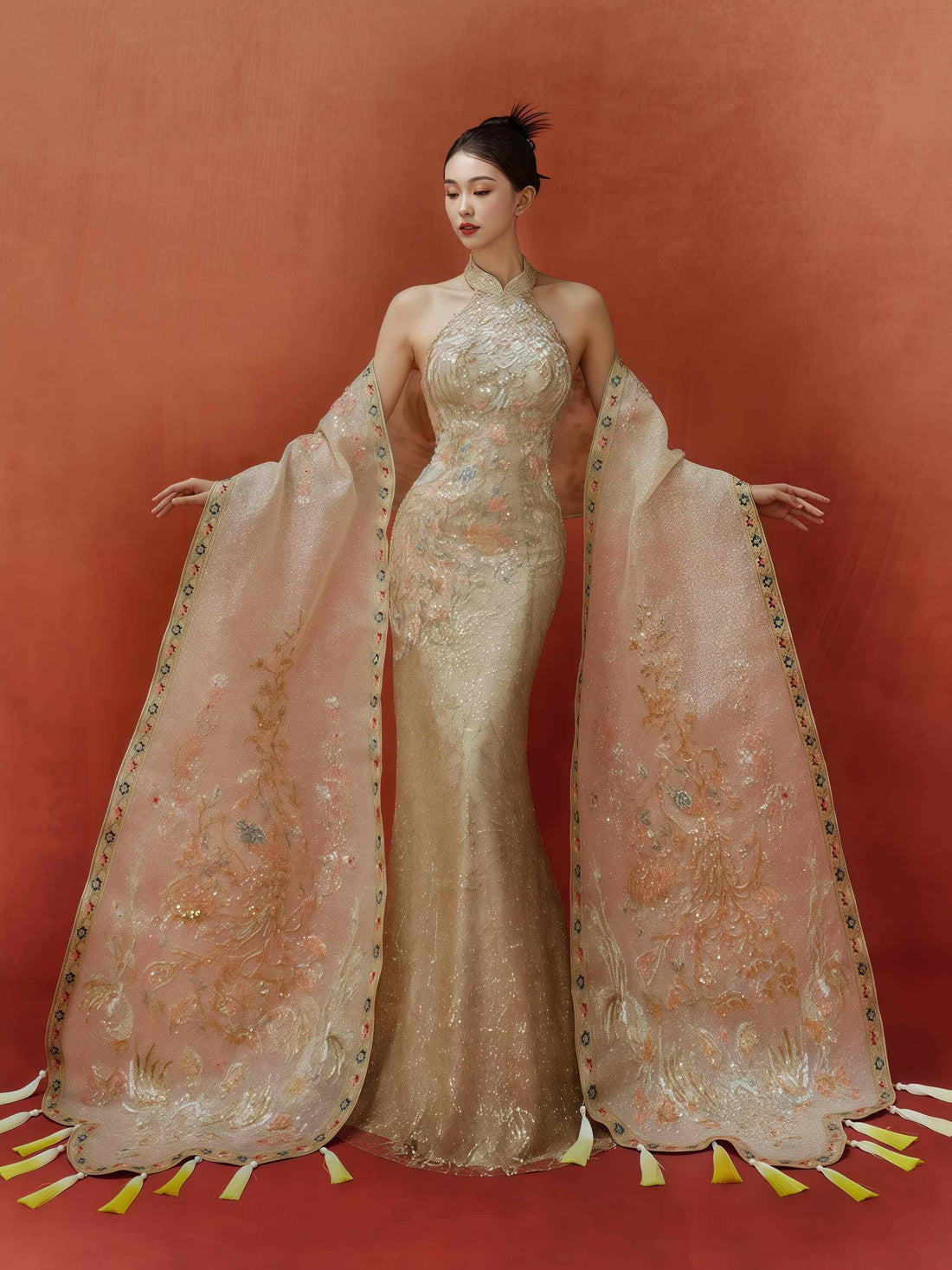 Imperial Gold Embroidered Halter Gown with Regal Shawl and Train