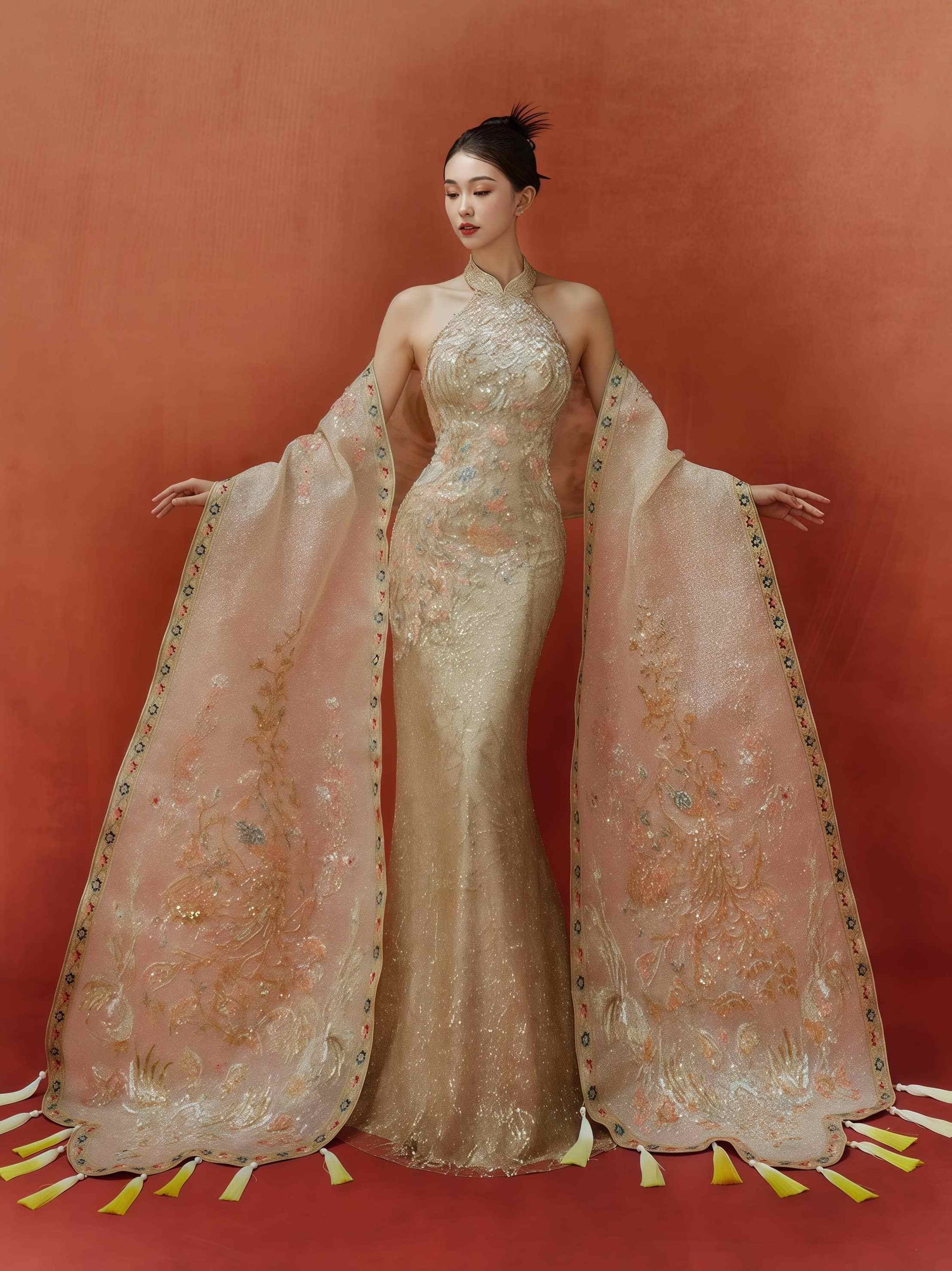 Imperial Gold Embroidered Halter Gown with Regal Shawl and Train