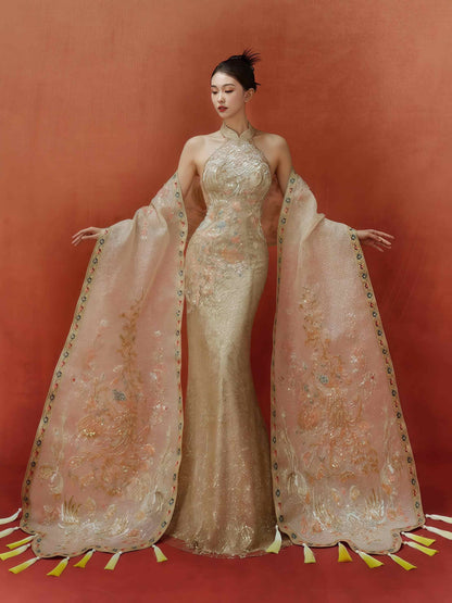 Imperial Gold Embroidered Halter Gown with Regal Shawl and Train