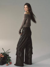 Brown & Black Rivet Wide-Leg Leather Pants - CHINASQUAD