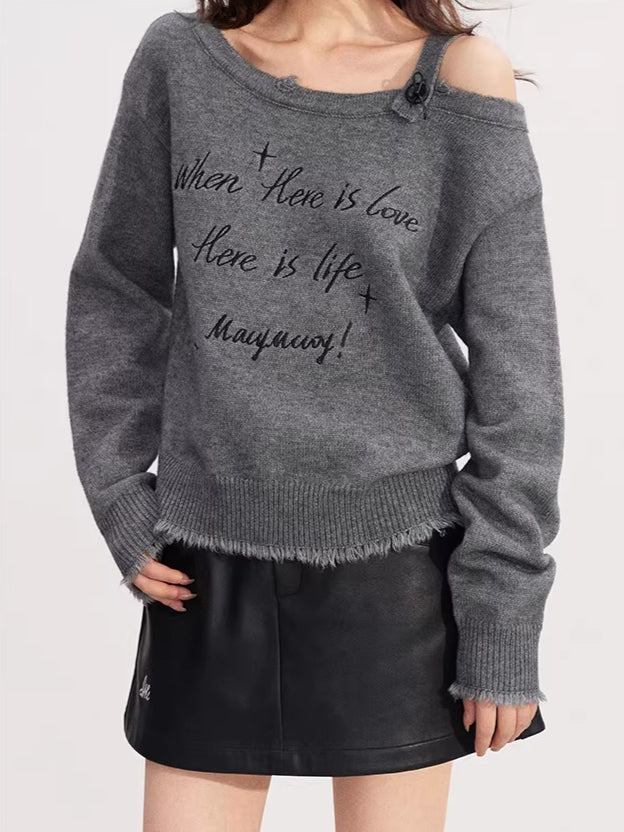 Deconstructed Off-Shoulder Embroidered Knit Sweater