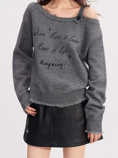Deconstructed Off-Shoulder Embroidered Knit Sweater