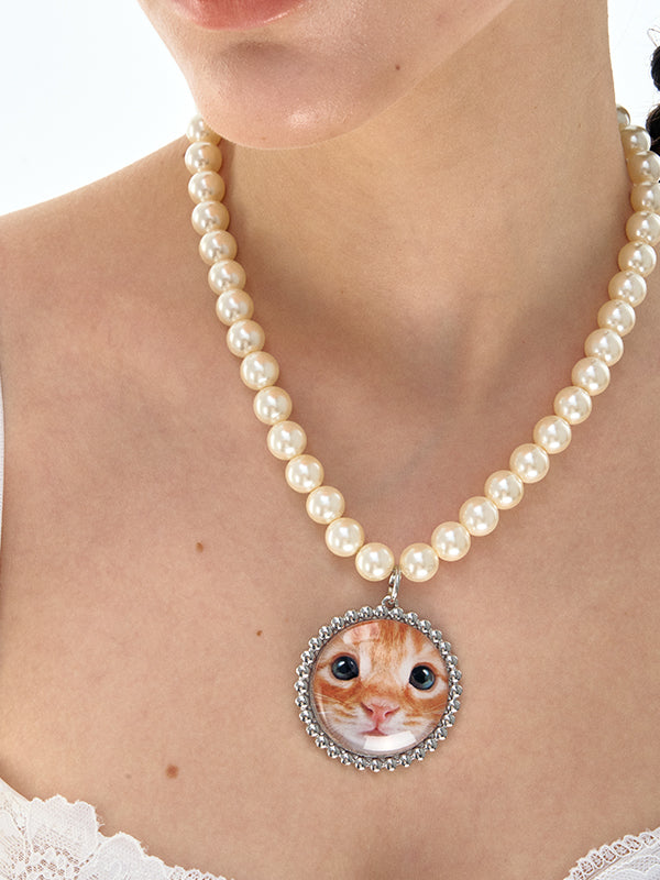 Cute Cat Face Pearl Necklace Choker