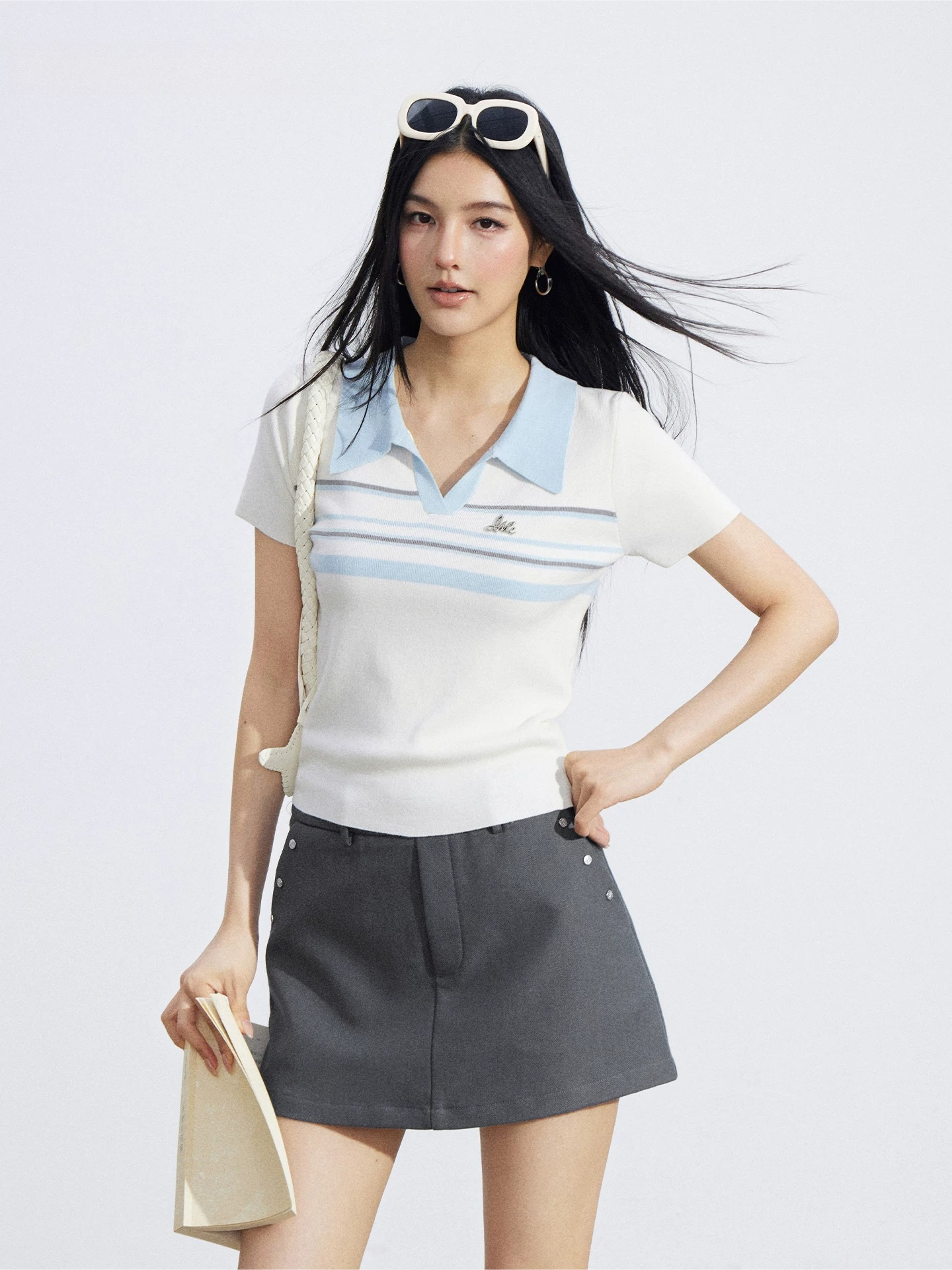 Striped Contrast Collar Ice Silk Polo Top