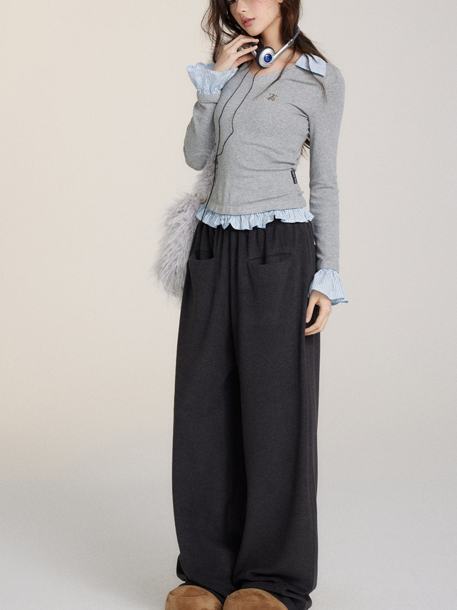 Fuzzy Big Pocket Straight-Leg Casual Pants