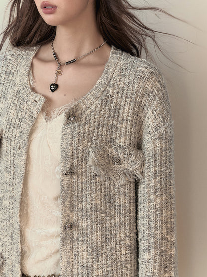 Frayed Edges Wool Mid-Length Knit Cardigan