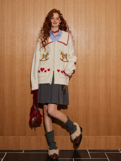 Contrast-Trim Pony Jacquard Zip-Up Knit Cardigan