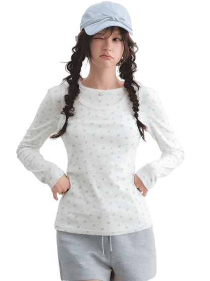 Vintage Floral Trim Long Sleeve Layered Top Set
