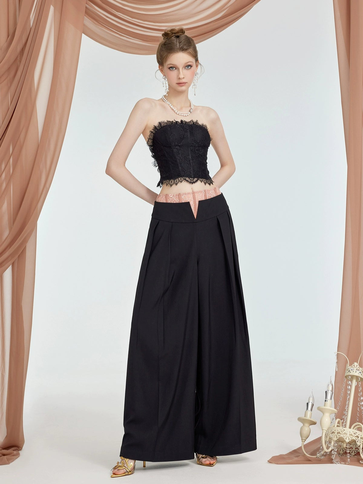 Lace-Trimmed Waist Wide-Leg Trousers