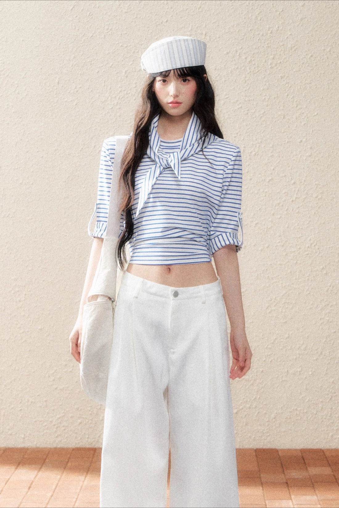 Dual-Tone Striped Knit Cropped T-Shirt