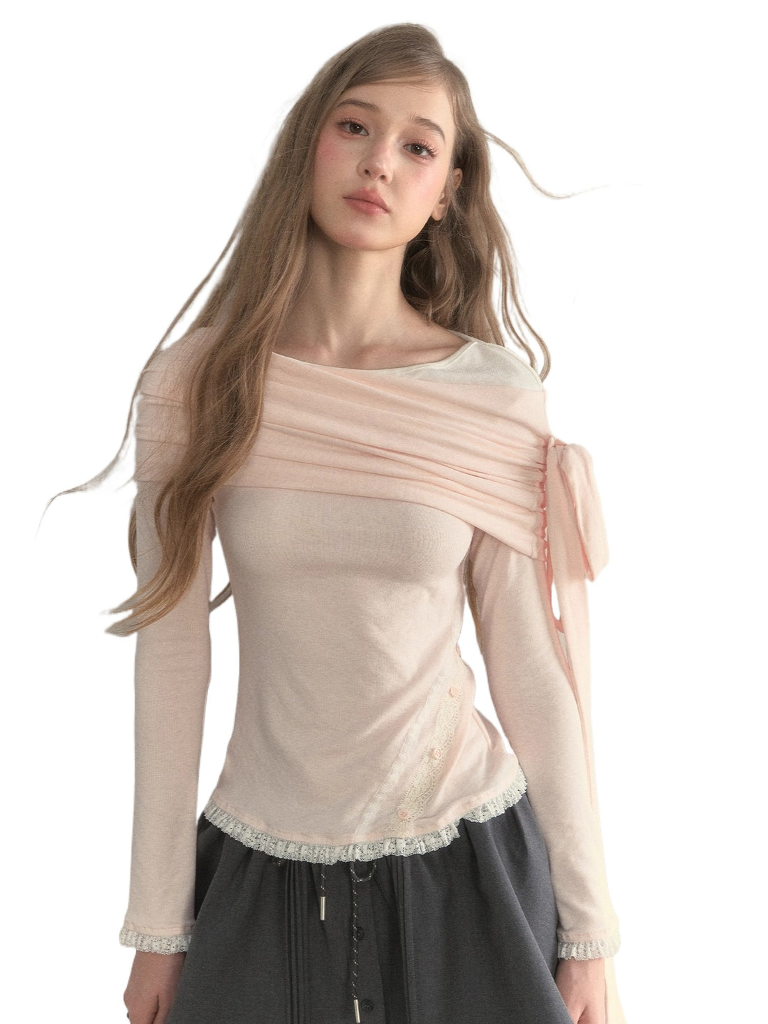 Asymmetric Off-Shoulder Bow-Tie Knit T-Shirt
