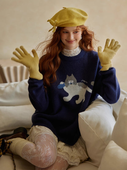 Cat Jacquard Embroidered Knit Sweater
