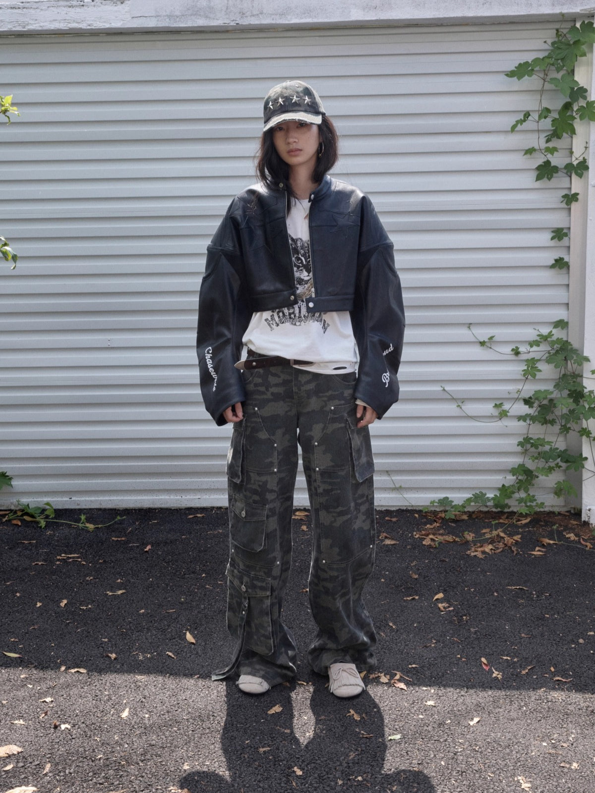Washed Camouflage Multi-Pocket Cargo Wide-Leg Pants