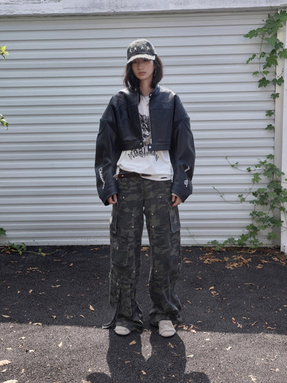 Washed Camouflage Multi-Pocket Cargo Wide-Leg Pants