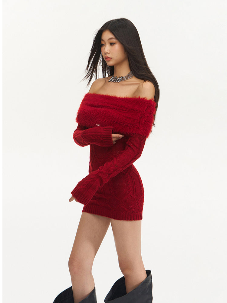 Red Off-Shoulder Mohair Knitted Dress