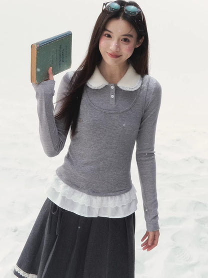 Faux Layered Knit Long Sleeve T-Shirt