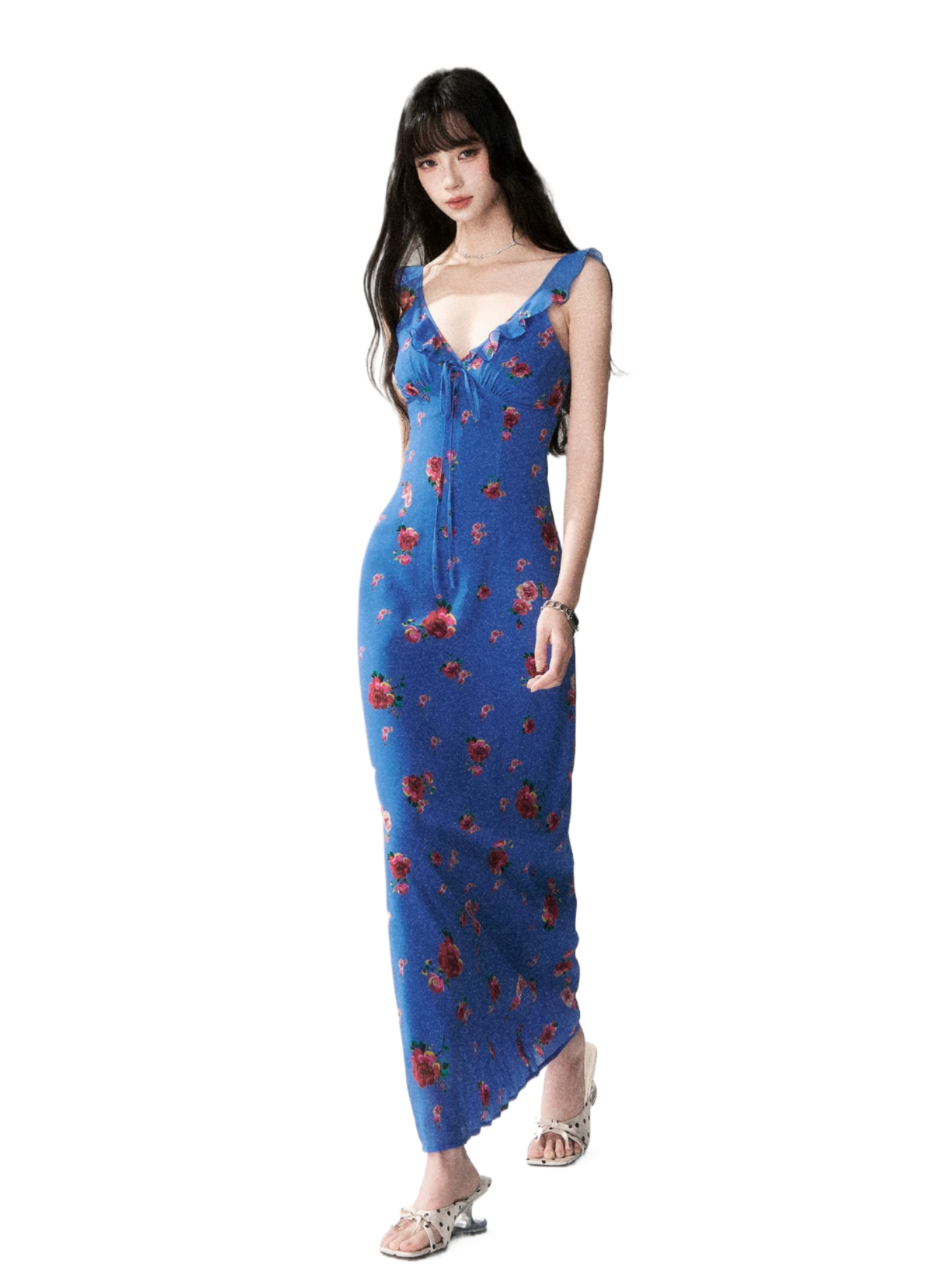 Blue Rose V-Neck Resort Maxi Dress