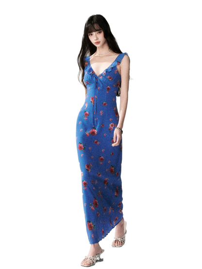 Blue Rose V-Neck Resort Maxi Dress