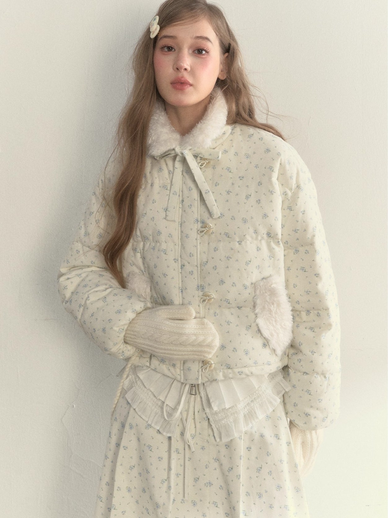 Floral Corduroy Puffer Jacket &amp; Pleated Skirt Set