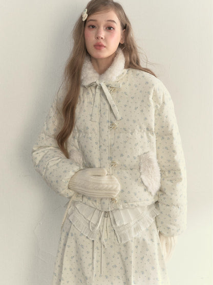 Floral Corduroy Puffer Jacket &amp; Pleated Skirt Set