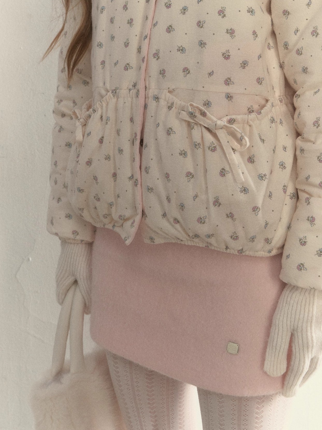 Pink Detachable-Sleeve Corduroy Floral Reversible Jacket
