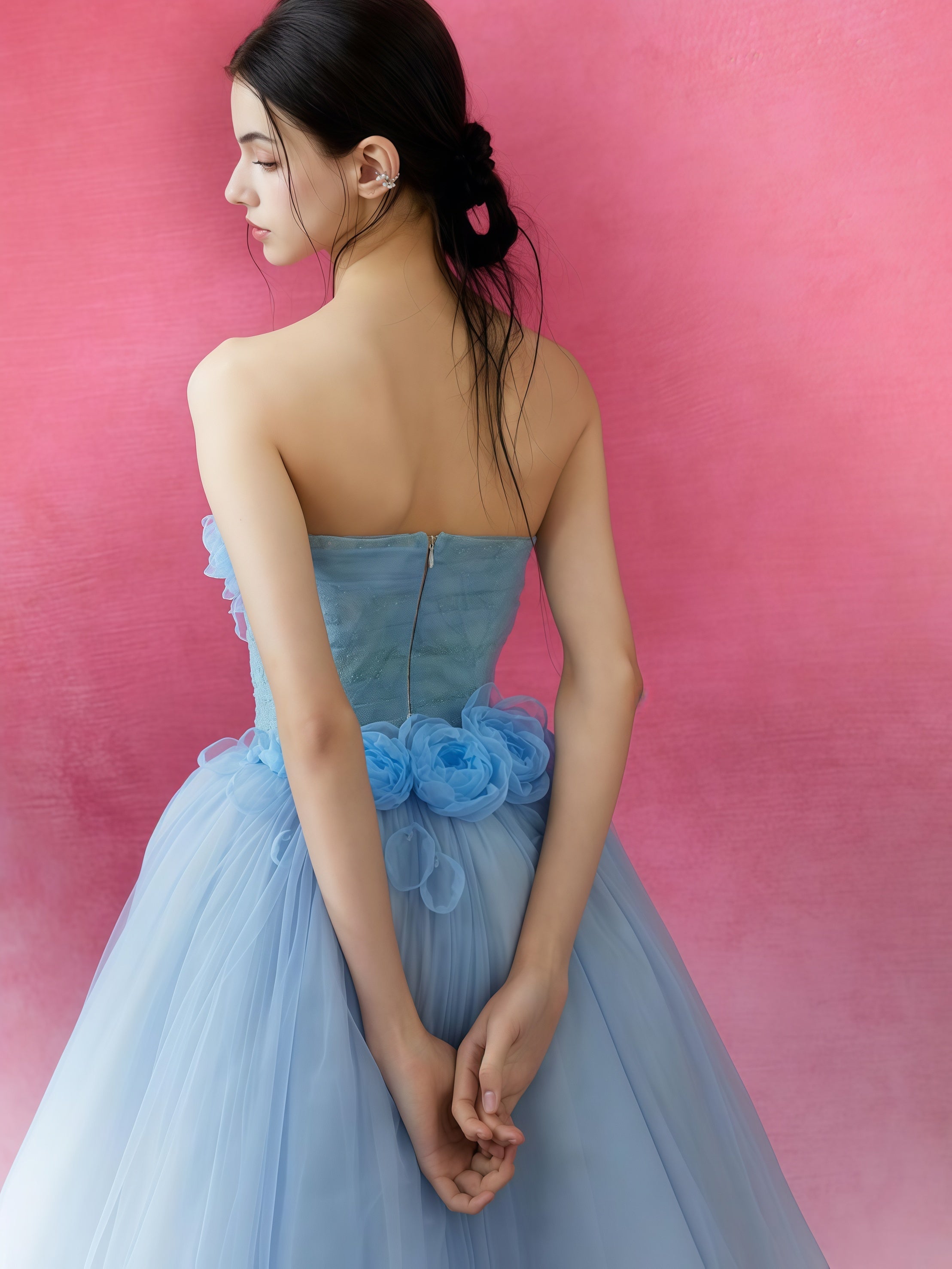 Ice Blue Floral Appliqué Convertible Mini Gown
