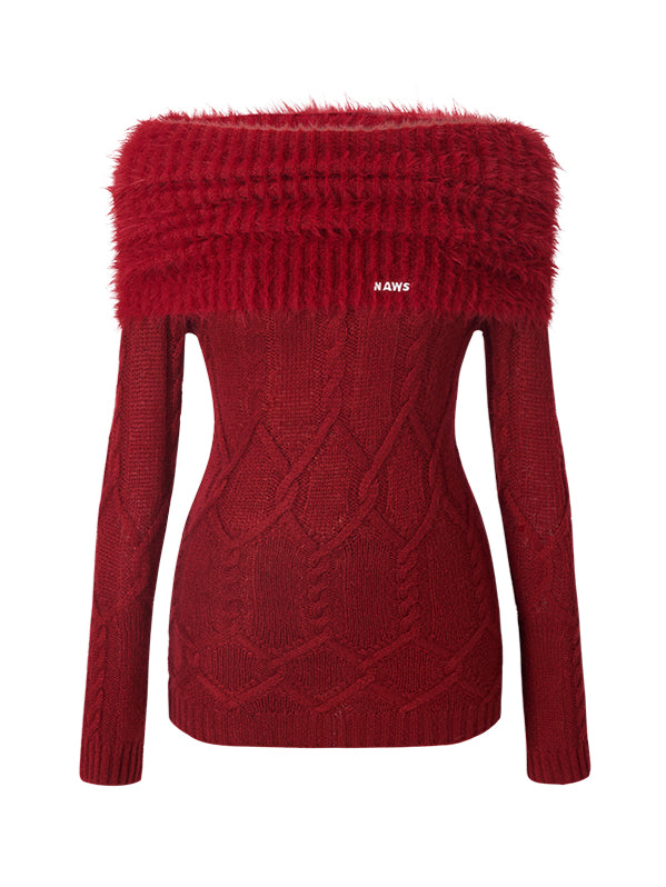 Red Off-Shoulder Mohair Knitted Dress