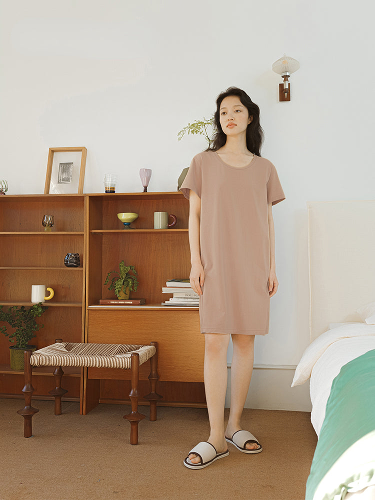 Plain-colored Cotton Round-neck Loose Sleepdress