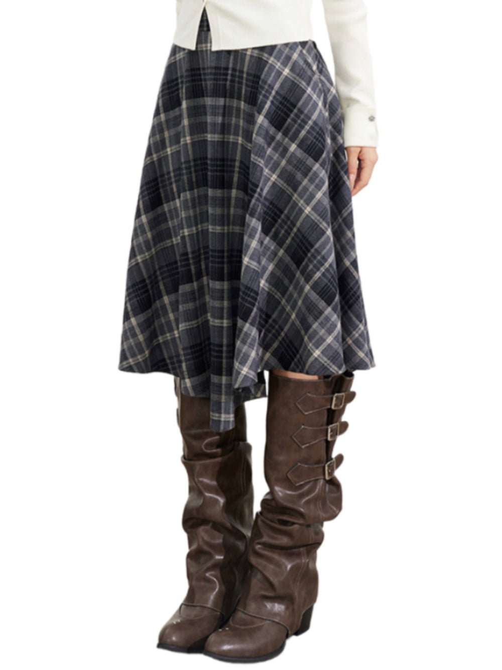 Asymmetrical Wool Plaid Midi Skirt