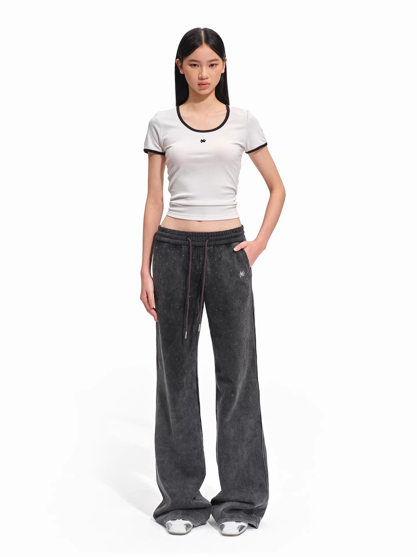 Crystal-Embellished Vintage Wash Cotton Straight-Leg Trousers