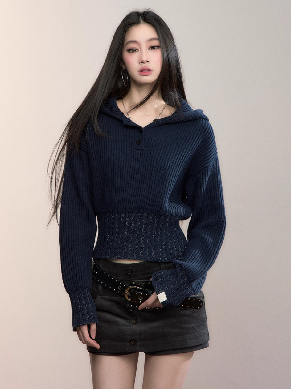 Ribbed Hooded Knit Pullover Sweater