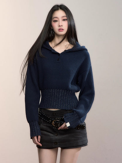 Ribbed Hooded Knit Pullover Sweater