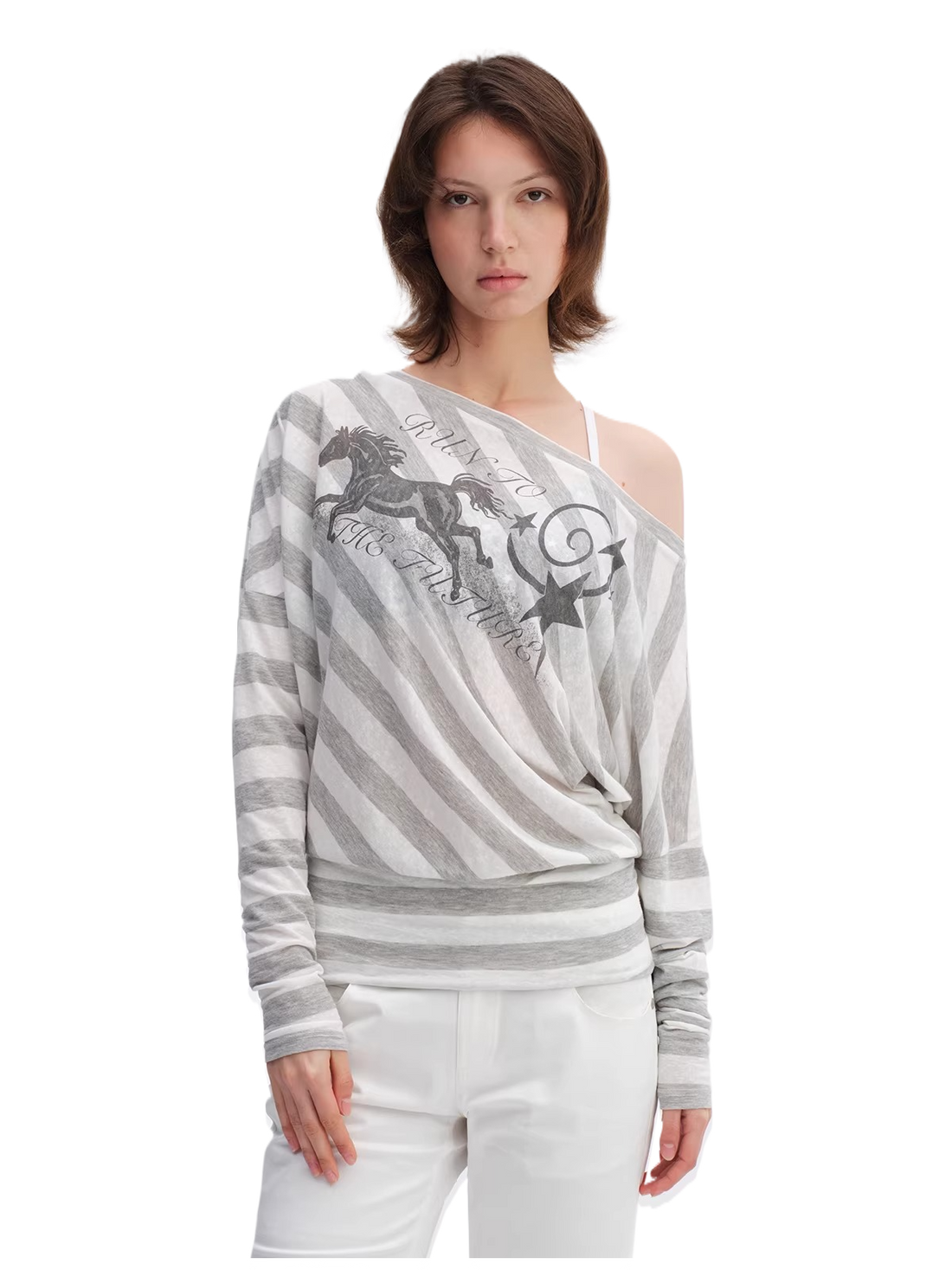 Grey Striped Off-Shoulder Graphic Long Sleeve Blouse