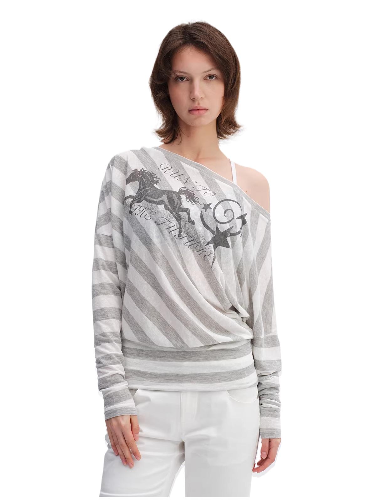 Grey Striped Off-Shoulder Graphic Long Sleeve Blouse