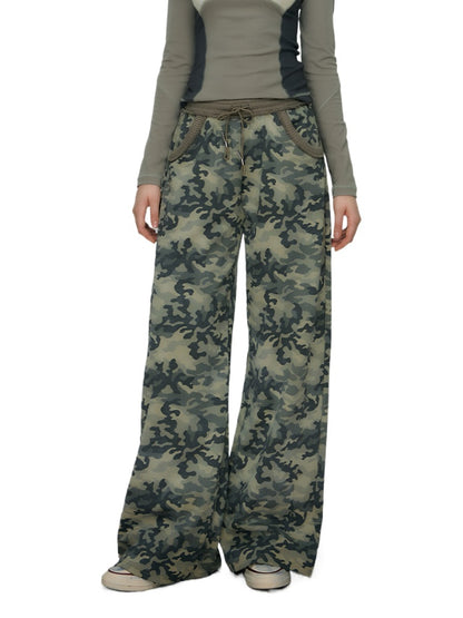 Camouflage Embroidered Loose Fit Wide Leg Pants