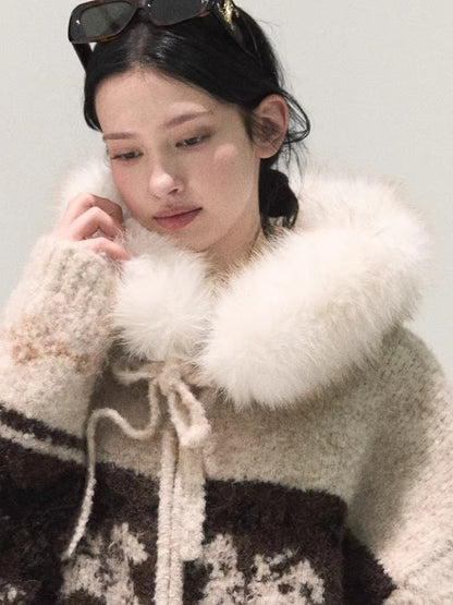 Detachable Fur-Collar Wool Hooded Cardigan