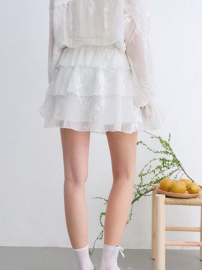 Embroidered Ruffle Chiffon Shirt &amp; Tiered Skirt Set