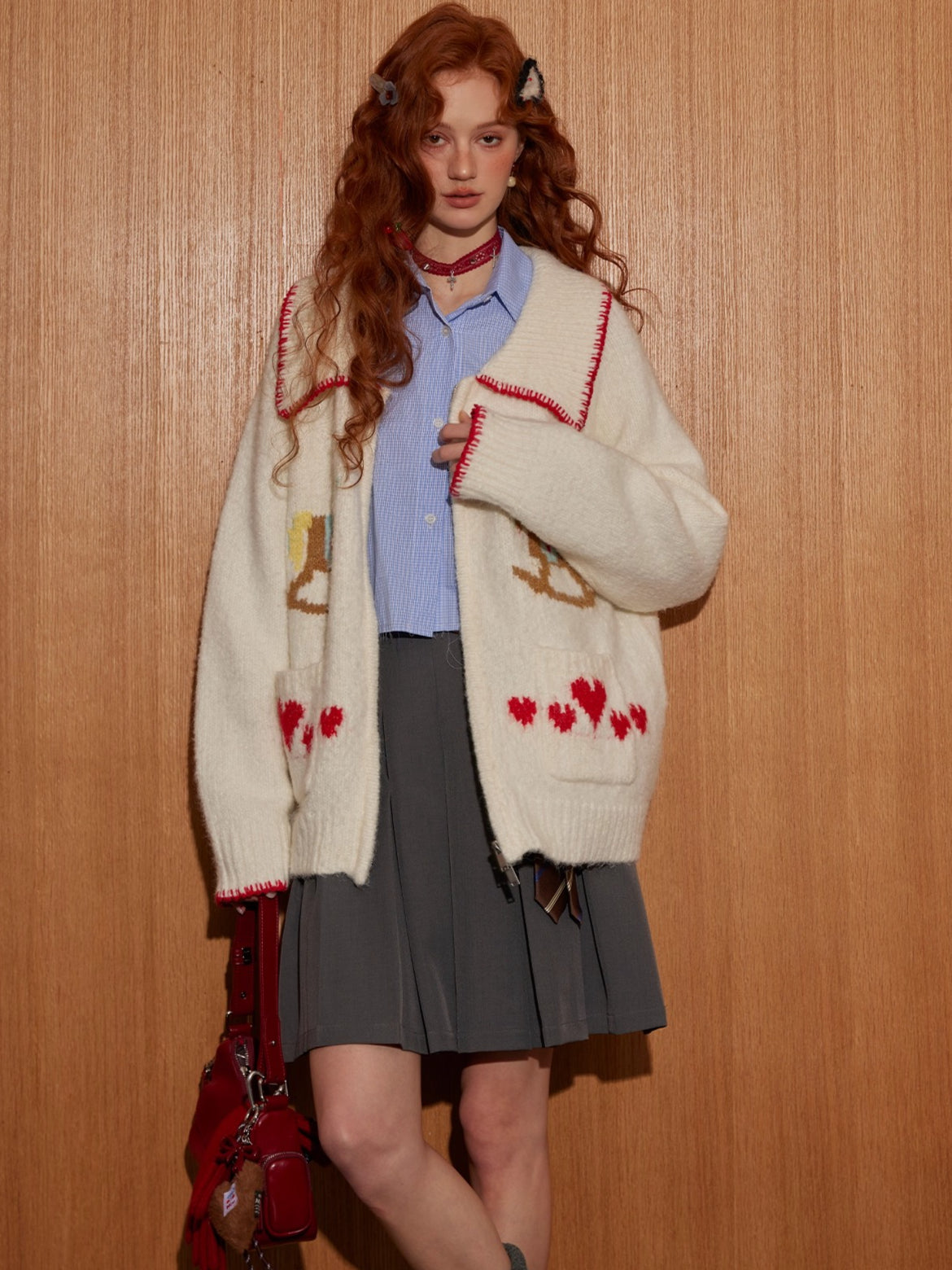 Contrast-Trim Pony Jacquard Zip-Up Knit Cardigan