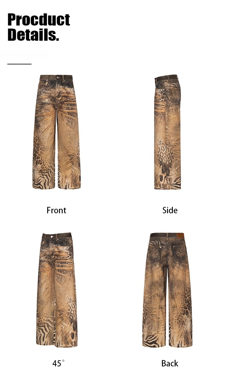 Washed Wide-Leg Printed Denim Pants