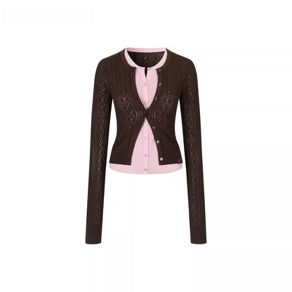 Layered-Effect Contrast Knit Cardigan
