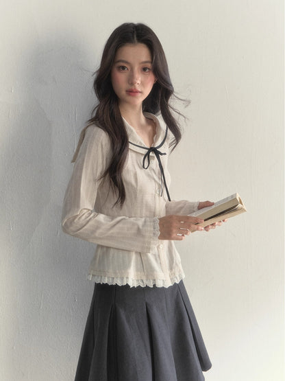 Nautical Texture Beige Fitted Blouse