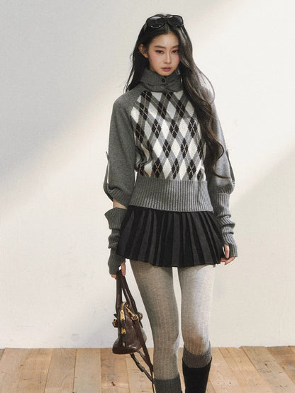 Vintage Argyle Knit Turtleneck Sweater &amp; Skirt Set