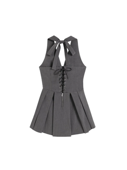 Grey Halter Neck Lace-Up Mini Dress