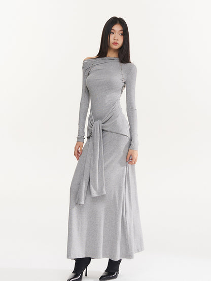 Black &amp; Gray Asymmetric Tie-Waist Slim Dress