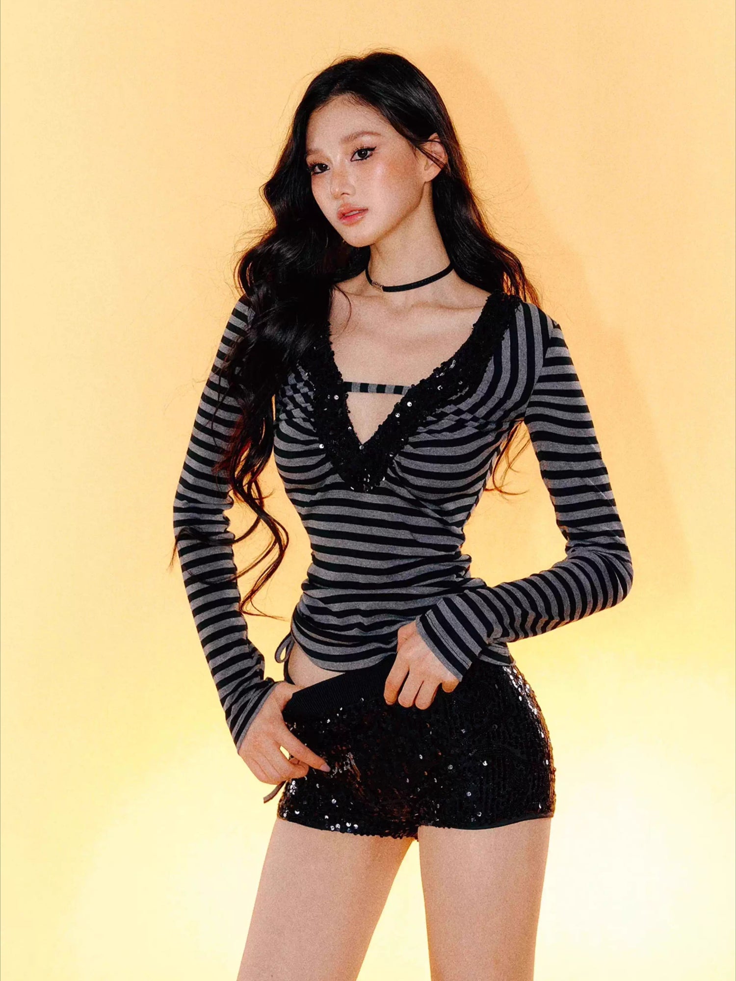 Striped V-Neck Slim-Fit Top &amp; Shorts Set
