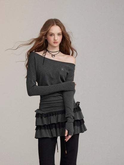 One-Shoulder Lace-Trim Tiered Dress