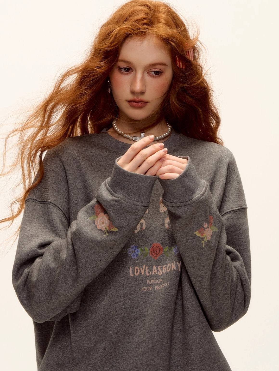 Floral Pony Print Fleece-Lined Pullover Sweatshirt