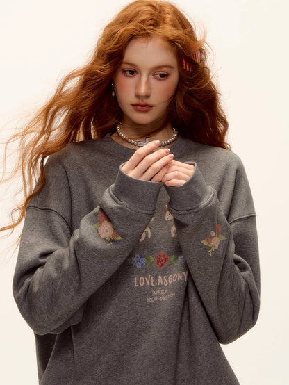 Floral Pony Print Fleece-Lined Pullover Sweatshirt